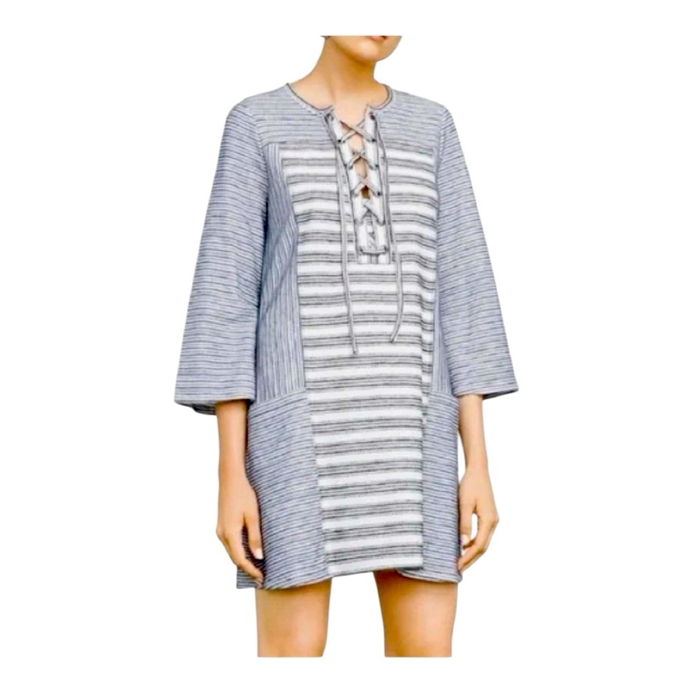 BCBGMaxAzria Lani Lace Up Front Embroidered Striped Knit Tunic Dress XXS